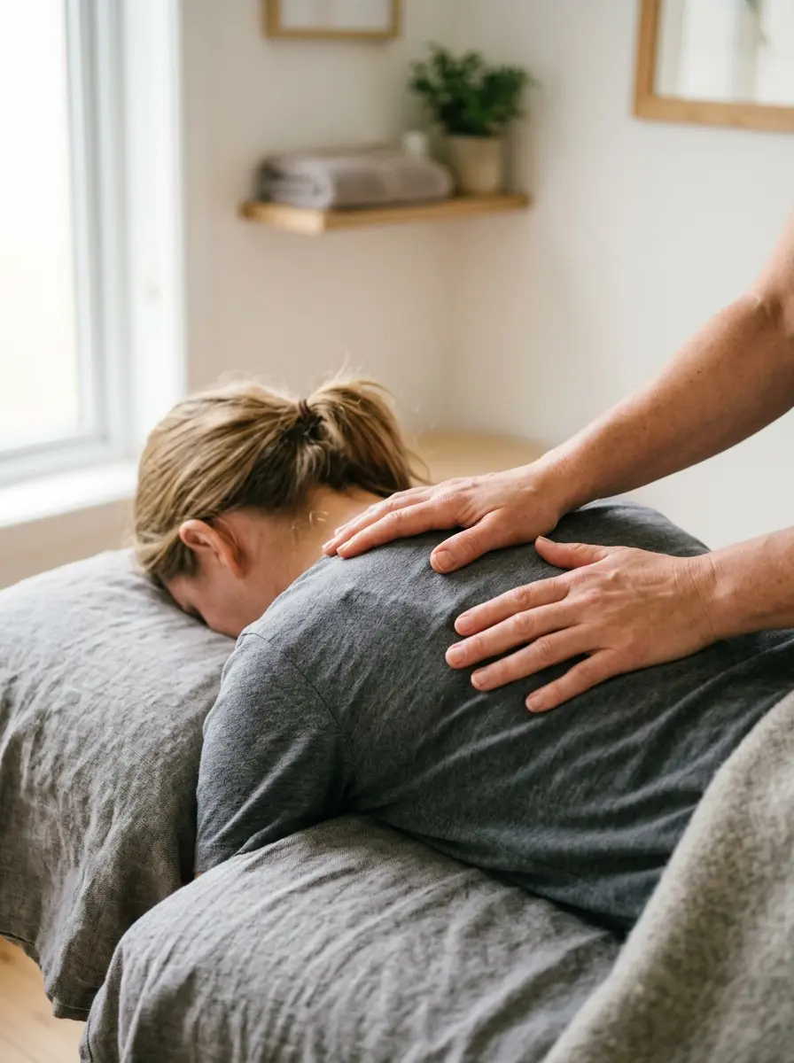 Mani in ascolto sulla schiena durante una visita osteopatica